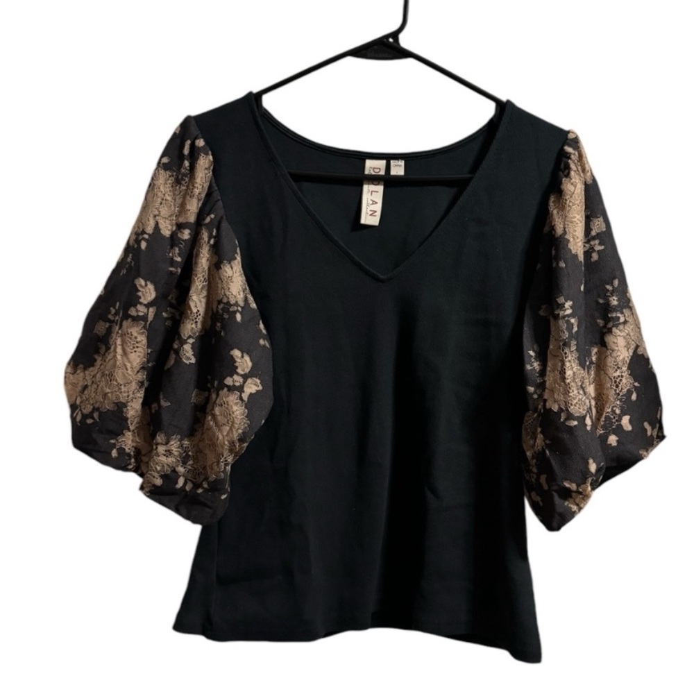 Anthropology Dolan Lace Puff Sleeve Black Top Size Large - Picture 3 of 5